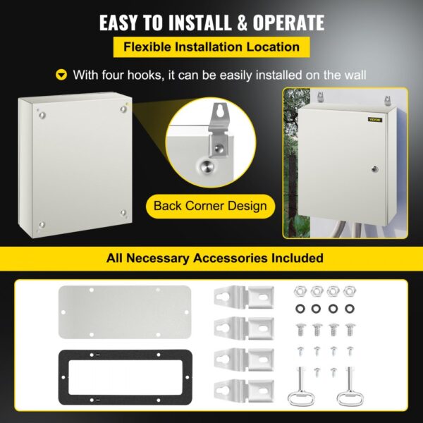 VEVOR nema steel enclosure with wall hooks, back corner design, and accessories included.