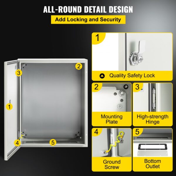 VEVOR nema steel enclosure with safety lock, mounting plate, hinge, ground screw, and outlet.