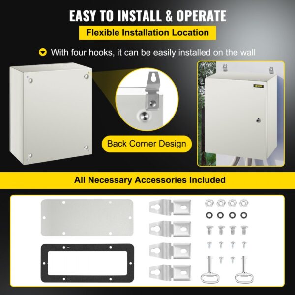 VEVOR nema steel enclosure with back corner design and included accessories.