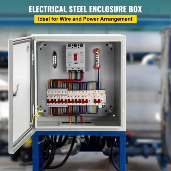 VEVOR nema steel enclosure with wiring and power management setup.