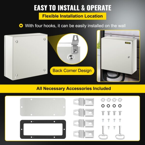 VEVOR nema steel enclosure with easy wall mounting and included accessories.