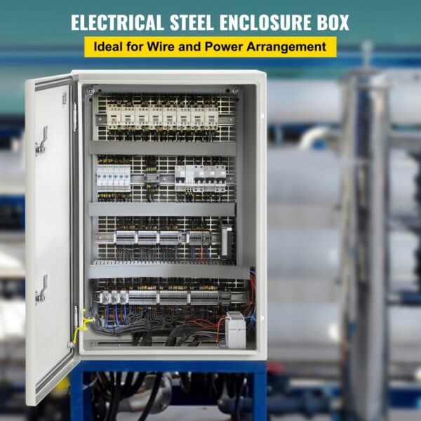 VEVOR nema 4x steel electrical enclosure open showing internal wiring and components.