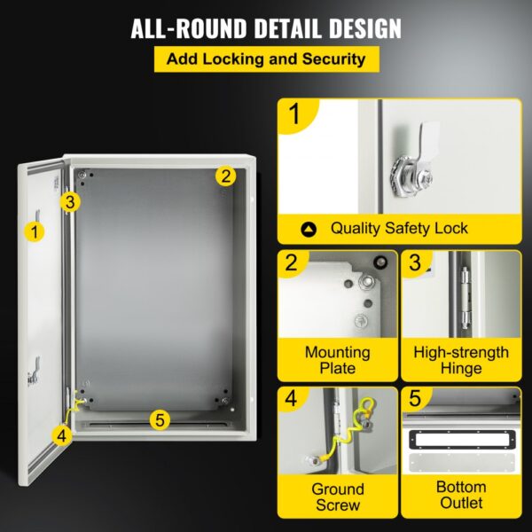 VEVOR nema 4x steel electrical enclosure with safety lock, mounting plate, and ground screw.