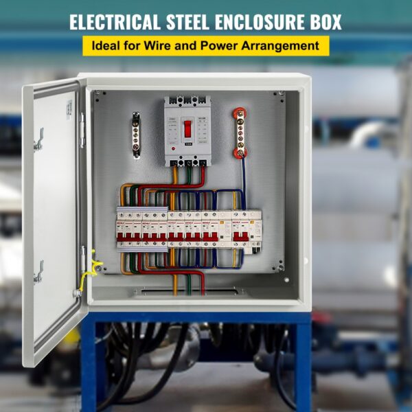 VEVOR steel enclosure for electrical wiring and power arrangement display.