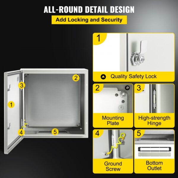 VEVOR steel enclosure with safety lock, mounting plate, hinge, ground screw, and bottom outlet.