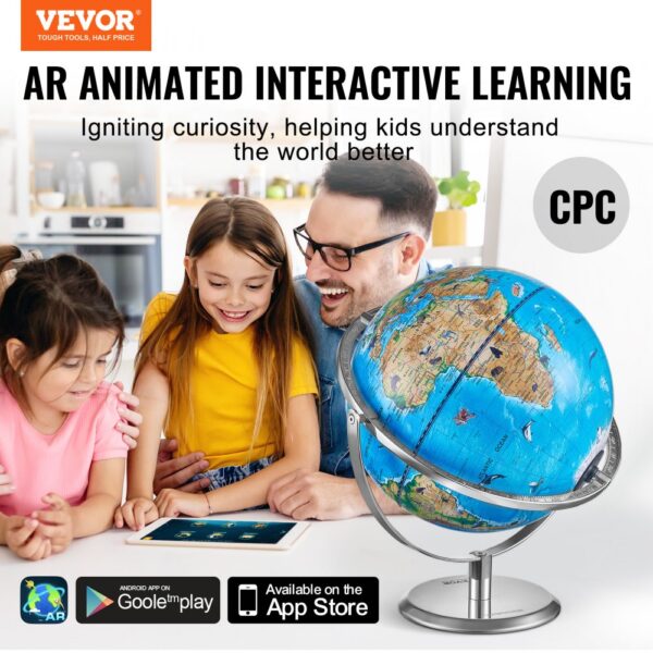 VEVOR educational globe, kids learning geography with tablet, available on google play and app store.