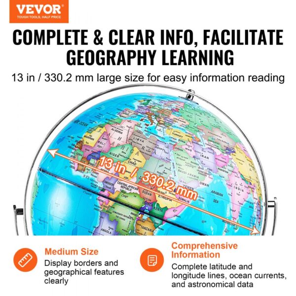 VEVOR rotating globe with 13 in/330.2 mm size, featuring clear geographical borders and comprehensive info.