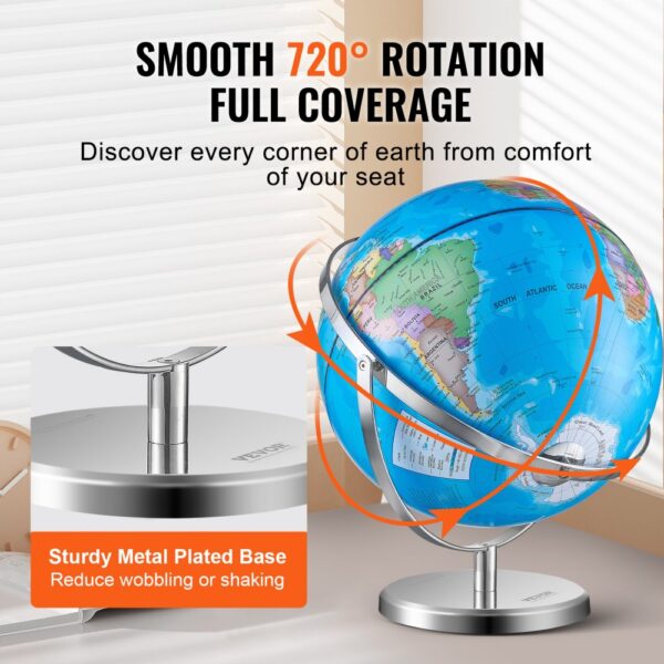 VEVOR rotating globe with 720° smooth rotation, metal plated base, and full earth coverage.