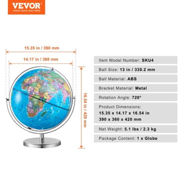 VEVOR rotating globe, 13-inch abs sphere with a metal bracket, 720° rotation, dimensions 15.35" x 14.17" x 16.54".