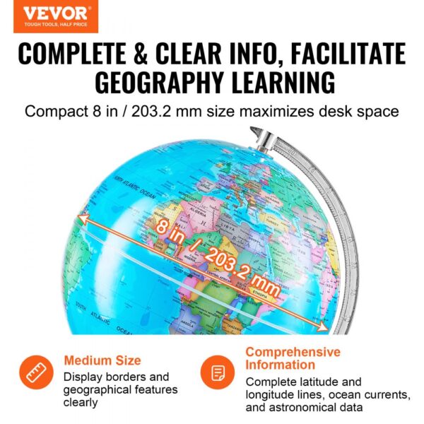 VEVOR rotating world globe, 8-inch, compact, colorful, clear geographical features, educational tool.