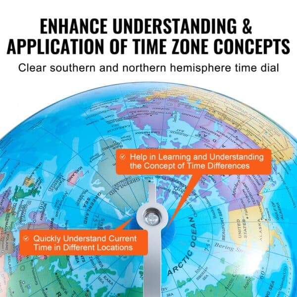 VEVOR rotating world globe with time zone dial and educational time difference pointers.