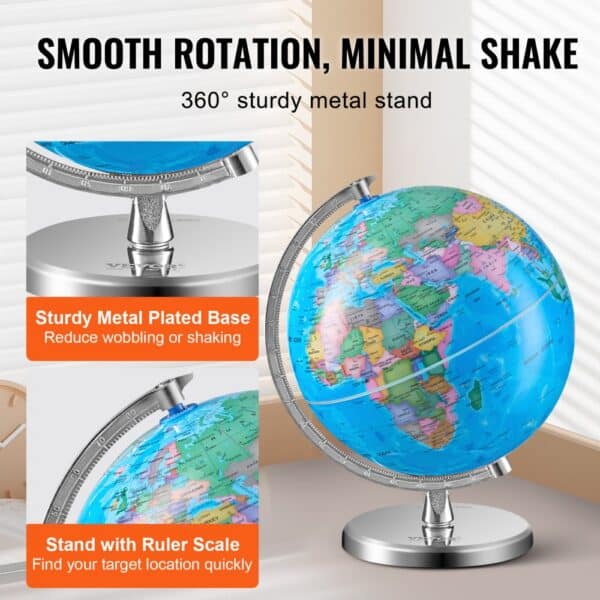 VEVOR rotating world globe with 360° metal stand, sturdy base, and ruler scale for precise location.