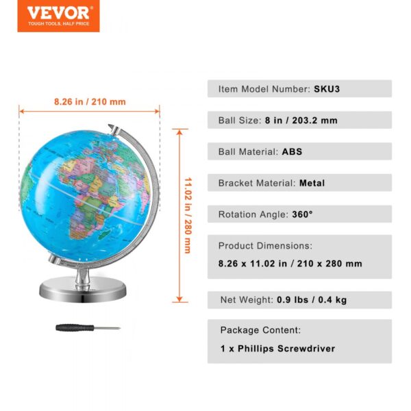 VEVOR rotating world globe, 8-inch abs ball, metal bracket, 360° rotation, includes phillips screwdriver.