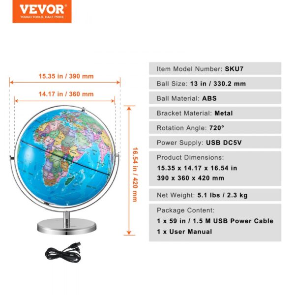 VEVOR Illuminated World Globe with Stand 13in/330.2mm Educational 720° Spinning (Map Language: English)