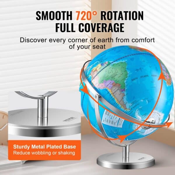 VEVOR illuminated globe with 720° rotation on a sturdy metal plated base for full coverage and stability.