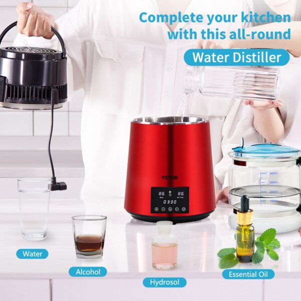 VEVOR Water Distiller, 1 L/H, 4L Distilled Water Maker w/ 0-99 H Timing, 750W Countertop Water Purifier w/ Dual Temp Display, Glass Carafe Cleaning Powder 3 Carbon Packs Equipped, FDA Approved, Red