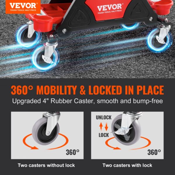 VEVOR mechanics stool with 4" rubber casters offers 360° mobility and locking feature for stability.