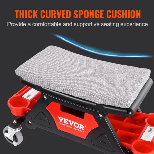 VEVOR mechanics stool with thick curved sponge cushion for comfort and red storage trays.