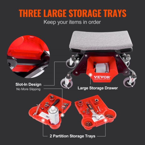 VEVOR mechanics stool with three large storage trays, slot-in design, and large storage drawer.