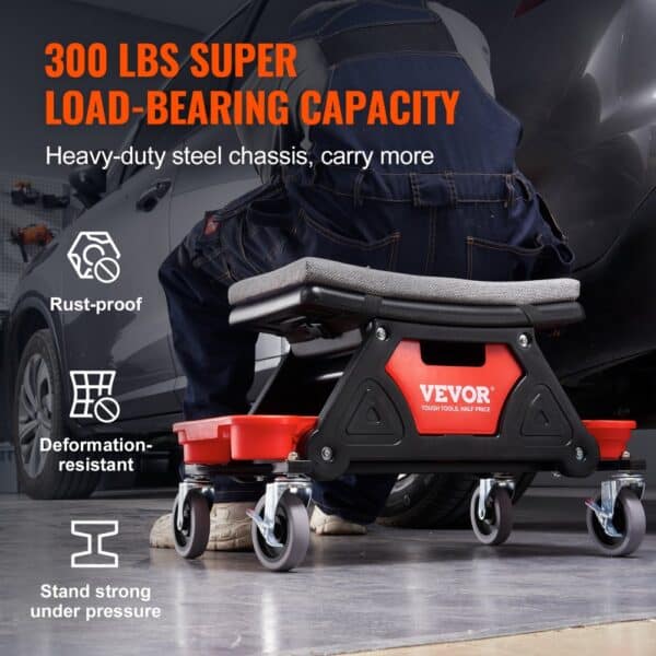 VEVOR mechanics stool with 300 lbs capacity, heavy-duty steel chassis, rust-proof, and deformation-resistant.