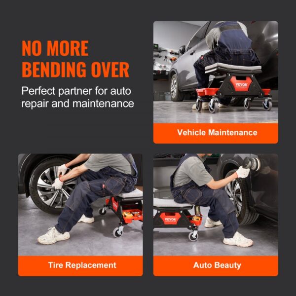 VEVOR mechanics stool for vehicle maintenance, tire replacement, and auto beauty; no more bending over.