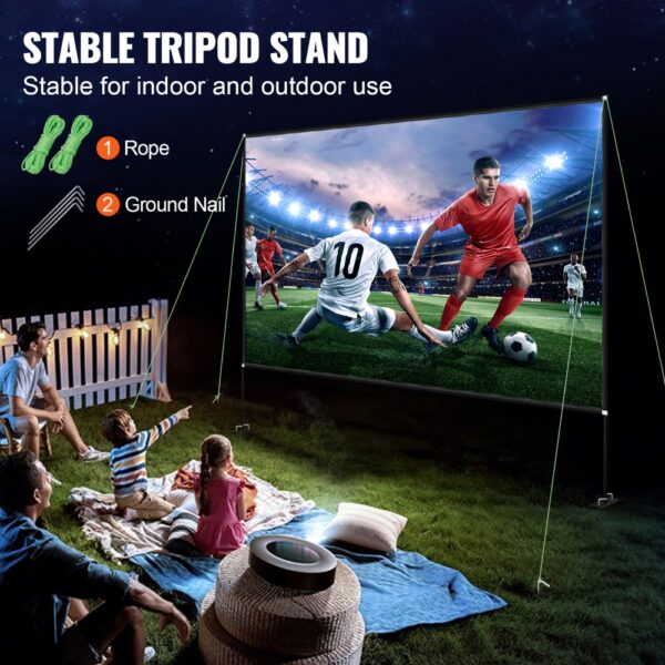 outdoor family movie night with VEVOR projector screen on stable tripod stand.