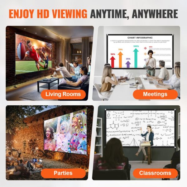 VEVOR projector screen in living rooms, meetings, parties, and classrooms.