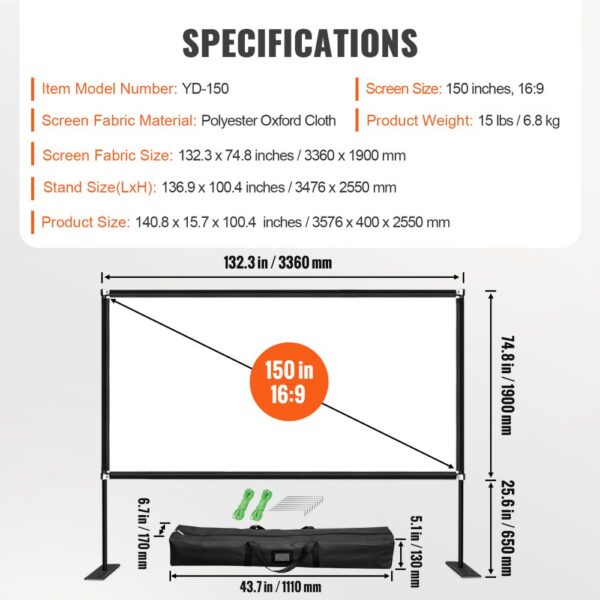 VEVOR projector screen specifications: 150 inches, 16:9, polyester oxford cloth, 15 lbs.