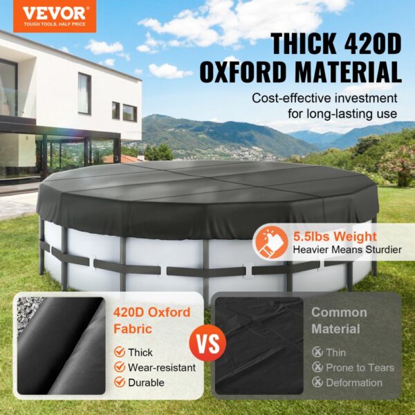 VEVOR pool cover in 420d oxford fabric, showcasing durability and weight advantages over common material.