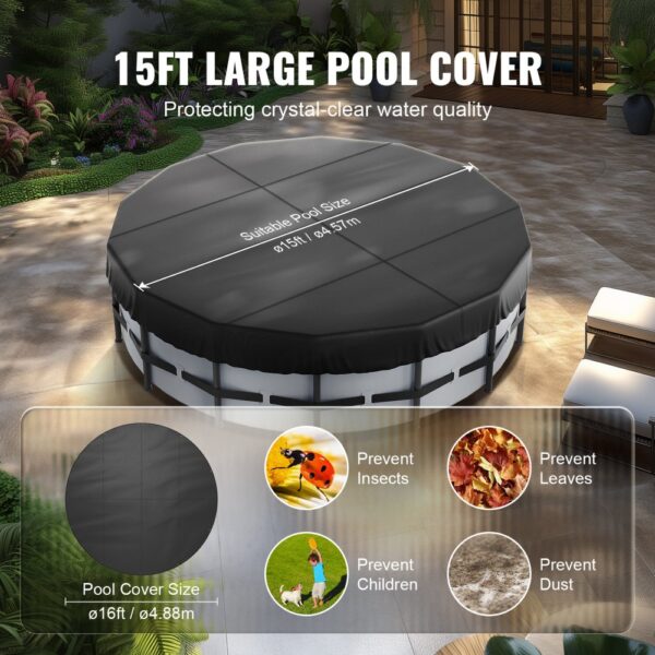 15ft VEVOR pool cover on a backyard pool, protecting against insects, leaves, dust, and ensuring safety.