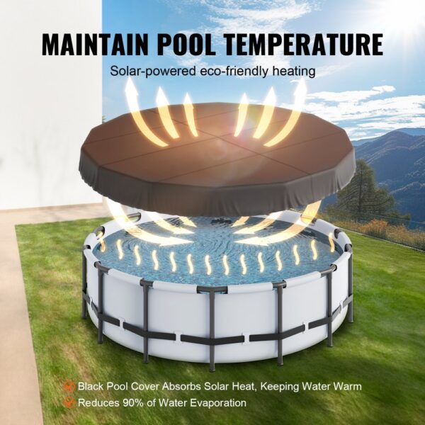 VEVOR pool cover keeps water warm with solar-powered heating, reduces evaporation by 90%.