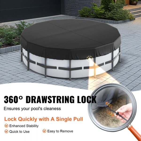 VEVOR pool cover with 360° drawstring lock, ensuring cleanliness and easy removal with a single pull.