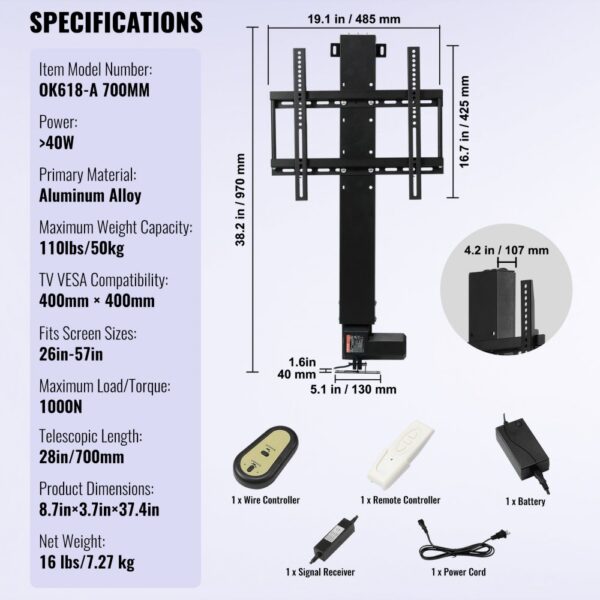 VEVOR Motorized TV Lift Stroke Length 28 Inches Motorized TV Mount Fit for 26-57 Inch TV Lift with Remote Control Height Adjustable 28 Inch Load Capacity 132 Lbs