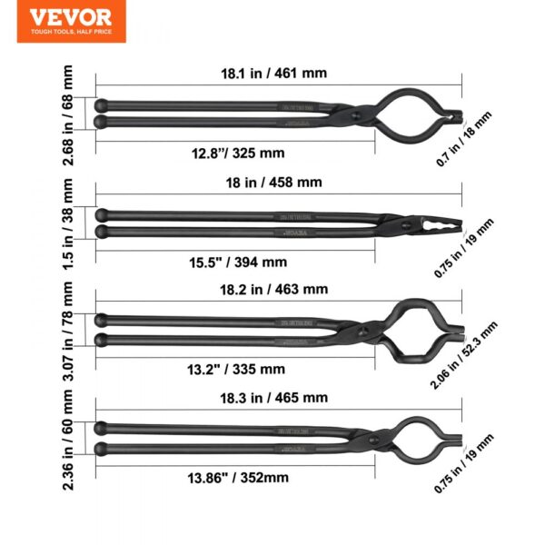 VEVOR Blacksmith Tongs, 18” 4 PCS, V-Bit Bolt Tongs, Wolf Jaw Tongs, Z V-Bit Tongs and Gripping Tongs, Carbon Steel Forge Tongs with A3 Steel Rivets, for Beginner and Seasoned Blacksmiths, Bladesmiths