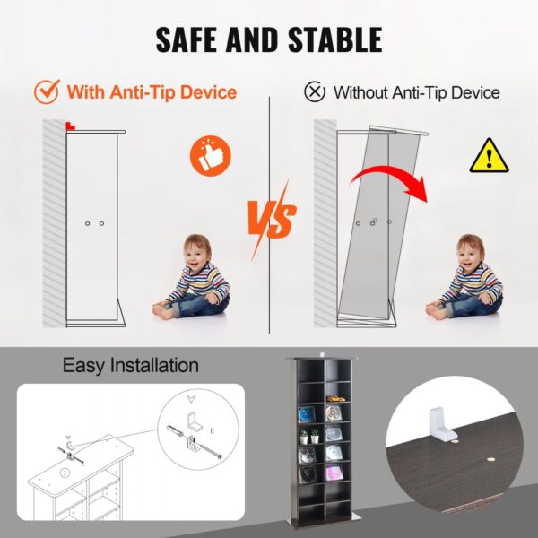 VEVOR media storage cabinet with anti-tip device for safe and stable installation, preventing tipping.