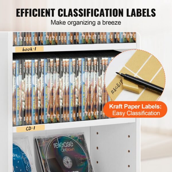 VEVOR media storage cabinet with labeled books and cds for efficient organization using kraft paper labels.