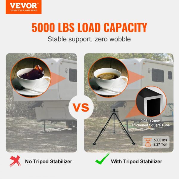 VEVOR 5th Wheel Tripod Stabilizer, 5000 LBS Load Capacity Tripod Fifth Wheel Stabilizer, 35"-57" Adjustable Height RV Gooseneck Stabilizer, Tripod Jack for Fifth-Wheel Trailers, RVs, and Campers