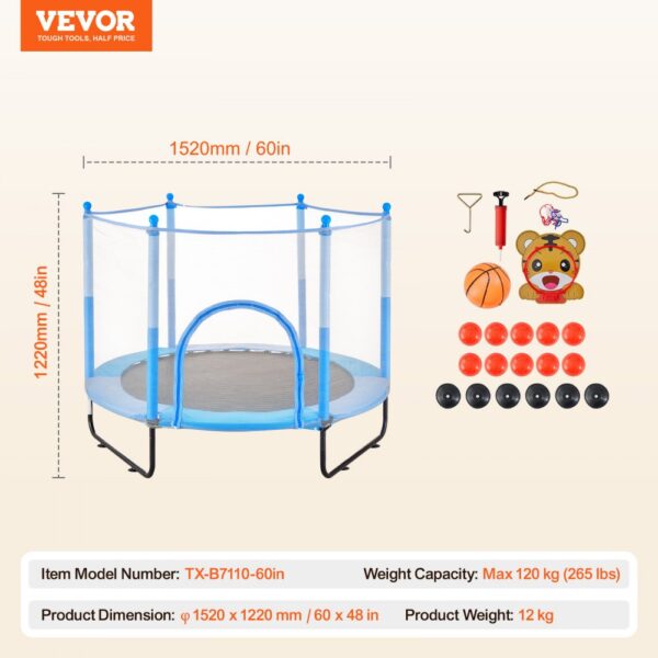 VEVOR 60" Trampoline for Kids Mini Toddler Trampoline with Net Indoor Outdoor