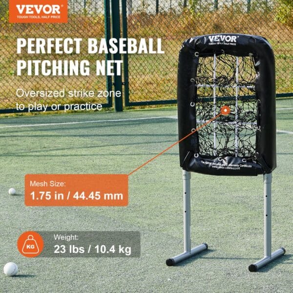 VEVOR baseball training net with oversized strike zone, 1.75 in mesh, and 23 lbs weight on a field.