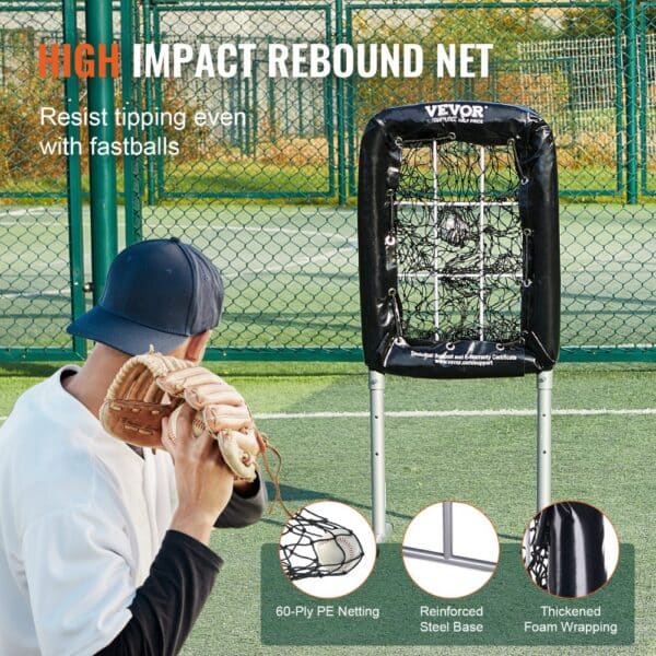 baseball player practicing with VEVOR baseball training net featuring high impact rebound and reinforced base.