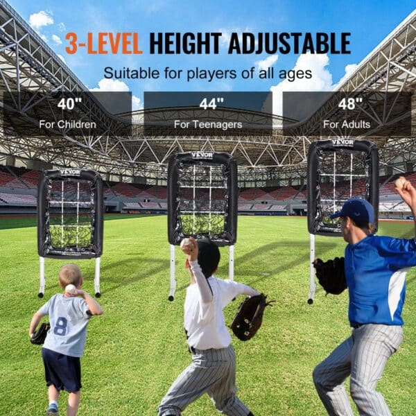 VEVOR baseball training net in stadium, adjustable height for children, teenagers, and adults.