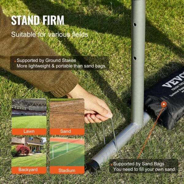 VEVOR baseball training net setup with ground stakes for lawn, sand, backyard, and stadium use.