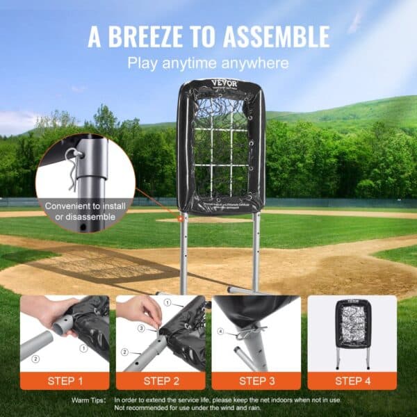 VEVOR baseball training net, easy-to-assemble, on a lush green field with step-by-step setup instructions.