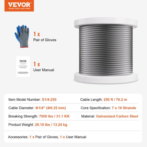 VEVOR Carbon Steel Cable 1/4" 7x19 Strands Steel Wire Rope 250 ft Cable Railing