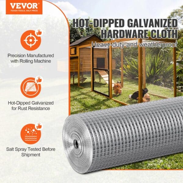 VEVOR hardware cloth roll showcasing rust-resistant, hot-dipped galvanized wire mesh for outdoor animal enclosures.