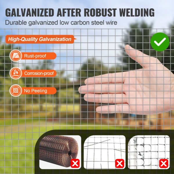 galvanized VEVOR hardware cloth showcasing rust-proof, corrosion-proof, no peeling features for durability.