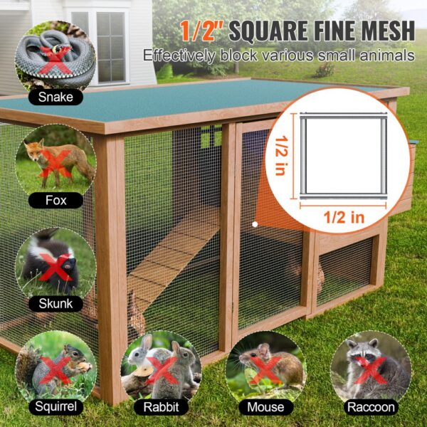 1/2" square fine mesh screen, highlighting the VEVOR hardware cloth blocking small animals like snakes, foxes, and more.