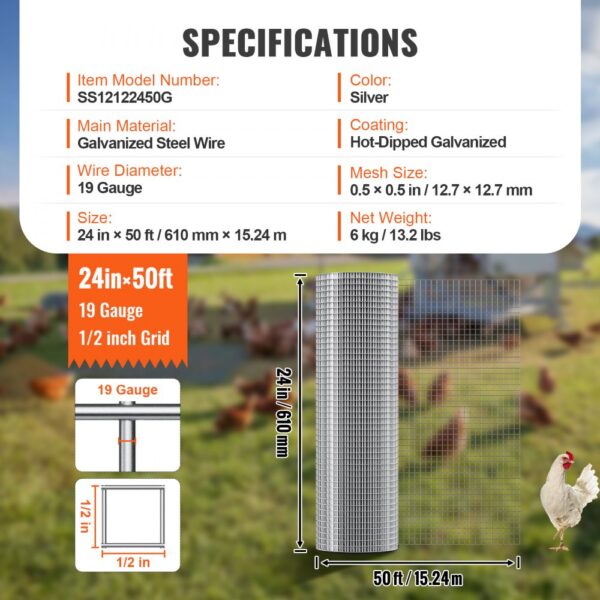 VEVOR hardware cloth: 24in×50ft, 19 gauge, 1/2 inch grid, galvanized steel wire, silver, with chickens.