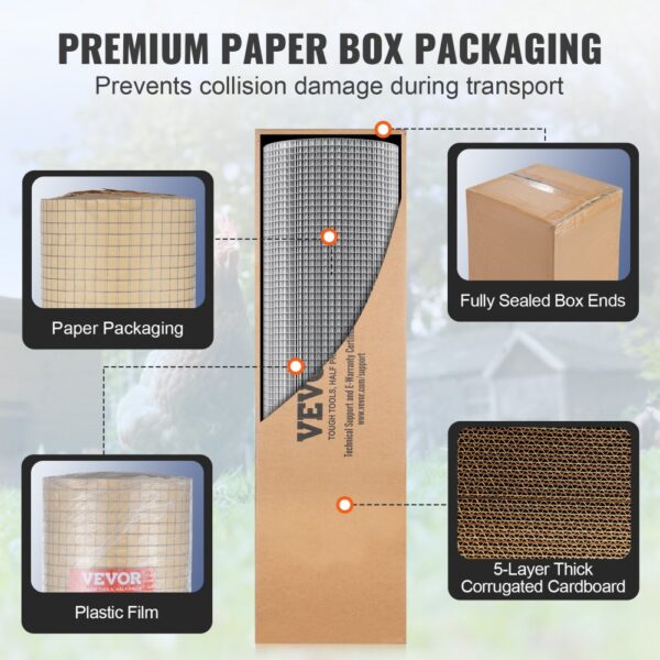 VEVOR hardware cloth in premium paper box packaging with fully sealed ends and 5-layer corrugated cardboard.