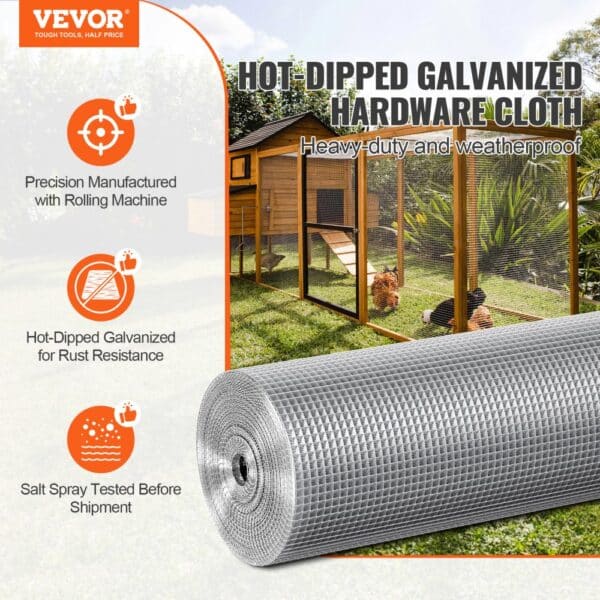 VEVOR hardware cloth roll in front of chicken coop, showcasing rust resistance and weatherproof features.